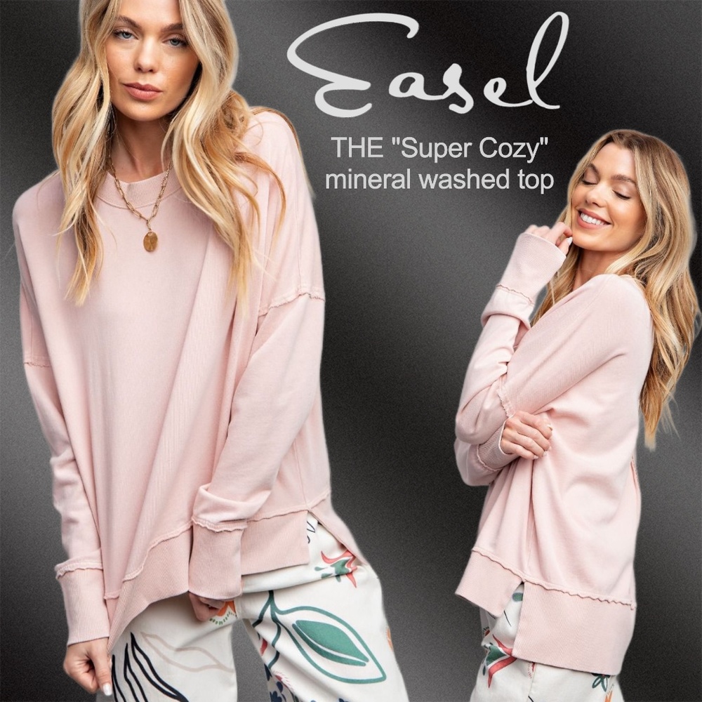 EASEL "SUPER COZY" Mineral Washed Distressed Seams Long Sleeved Top W/Side Slits